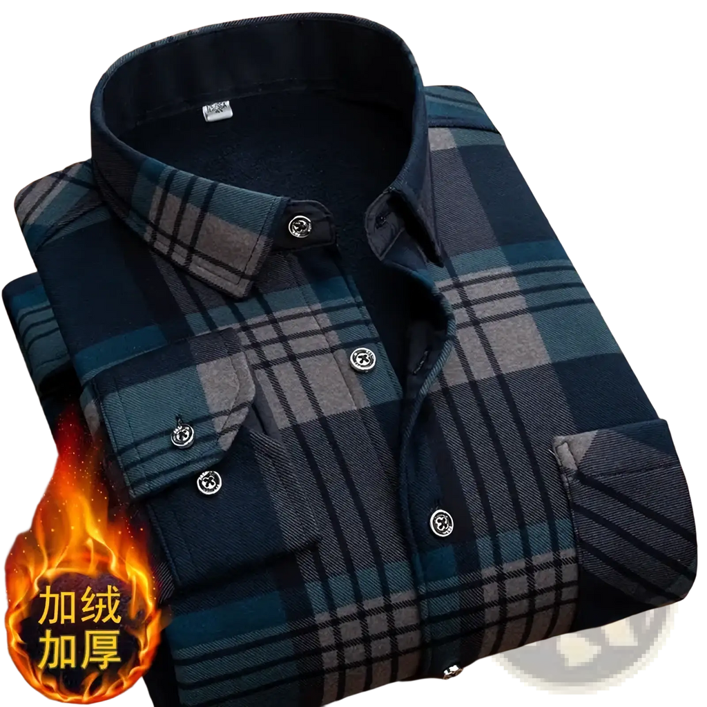 Men fleece lined plaid flannel shirt in dark blue and gray with silver buttons and a black inner collar