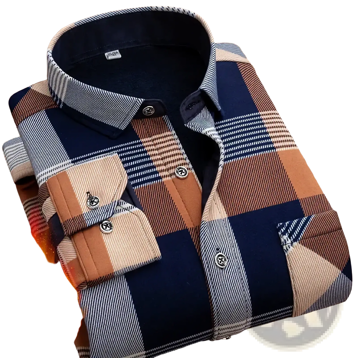 Men fleece lined plaid flannel shirt in navy blue beige and brown with ribbed collar and buttoned cuffs