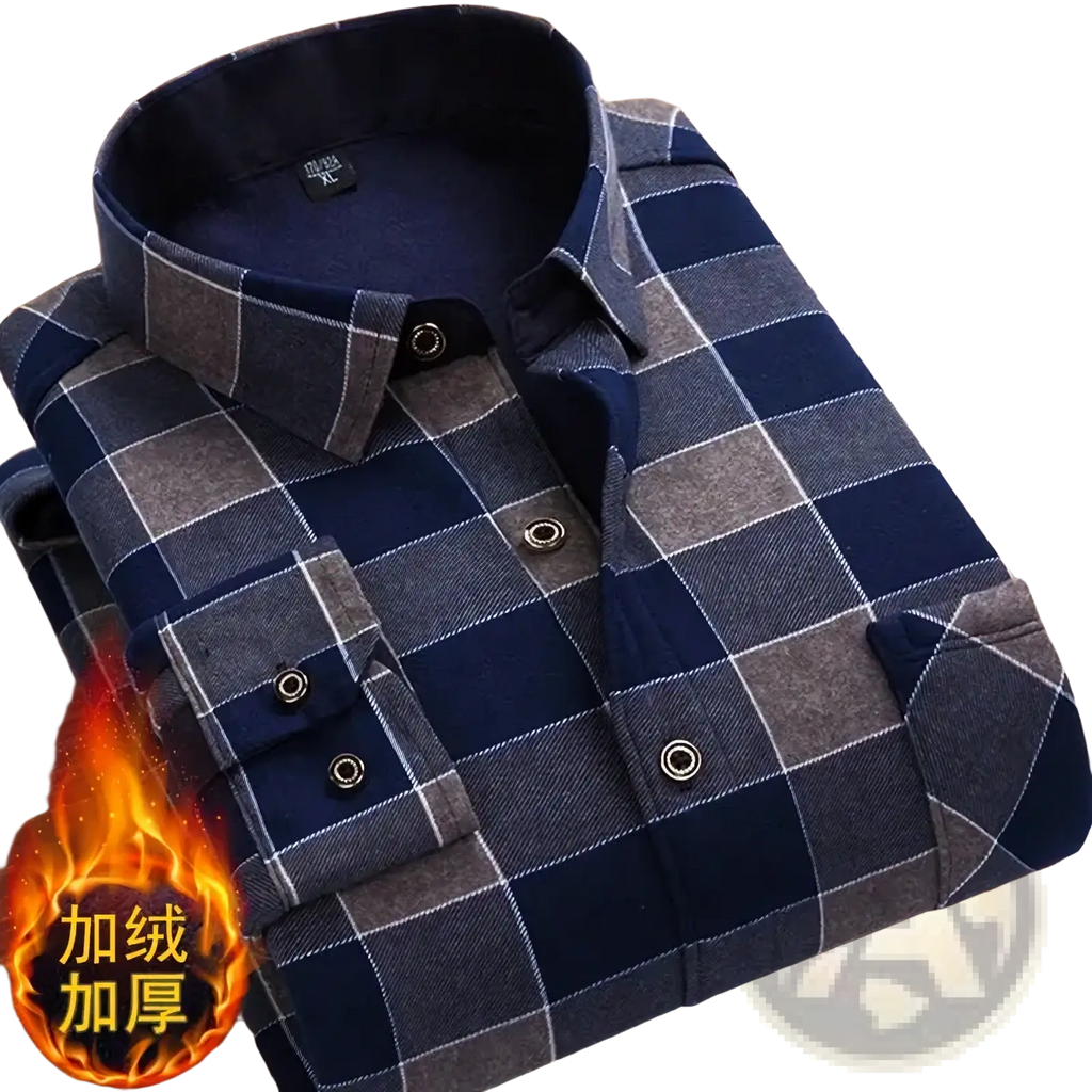 Men fleece lined plaid flannel shirt in navy blue and gray with ribbed collar buttoned cuffs and visible stitching details