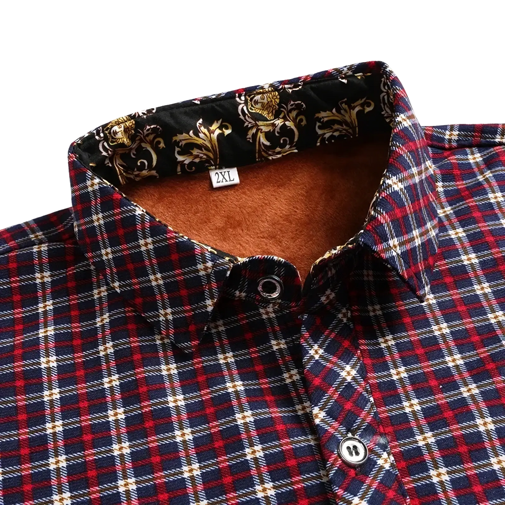 Men fleece lined plaid flannel shirt in red blue white with black inner lining and gold ornate patterns