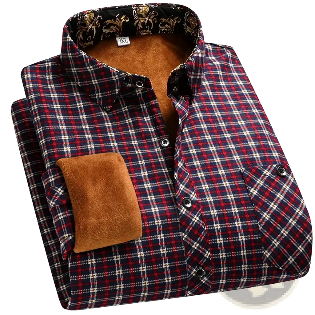 Men fleece lined plaid flannel shirt in red and navy with plush brown fleece lining for warmth and comfort