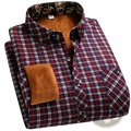 Men fleece lined plaid flannel shirt in red and navy with plush brown fleece lining for warmth and comfort