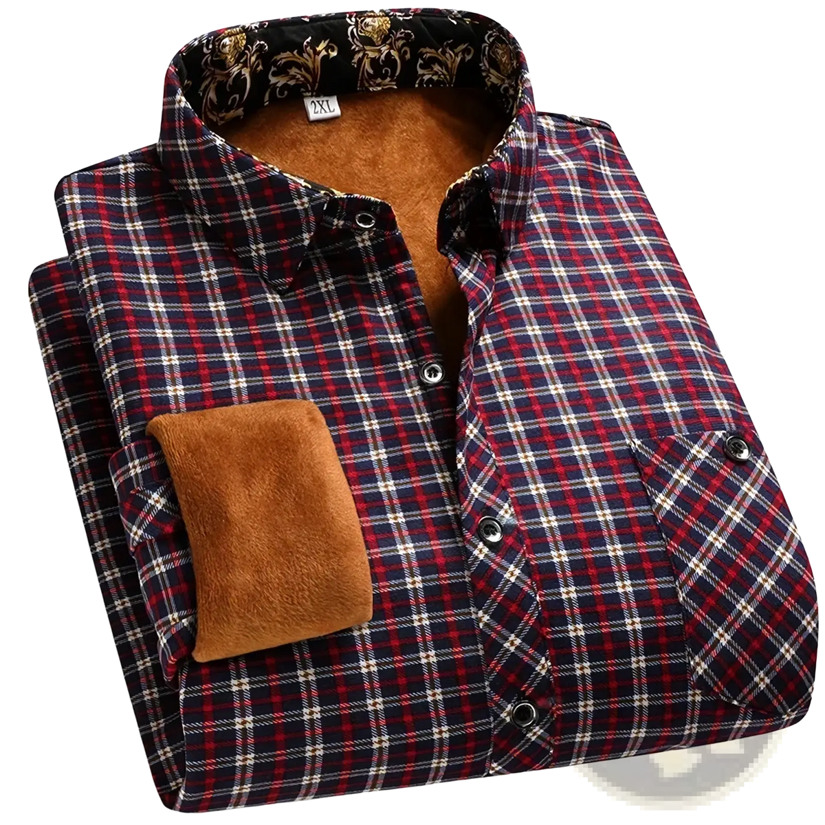 Men fleece lined plaid flannel shirt in red and navy with plush brown fleece lining for warmth and comfort