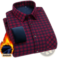 Men fleece lined plaid flannel shirt in red and navy with fleece collar cuffs and inner lining for winter casual wear