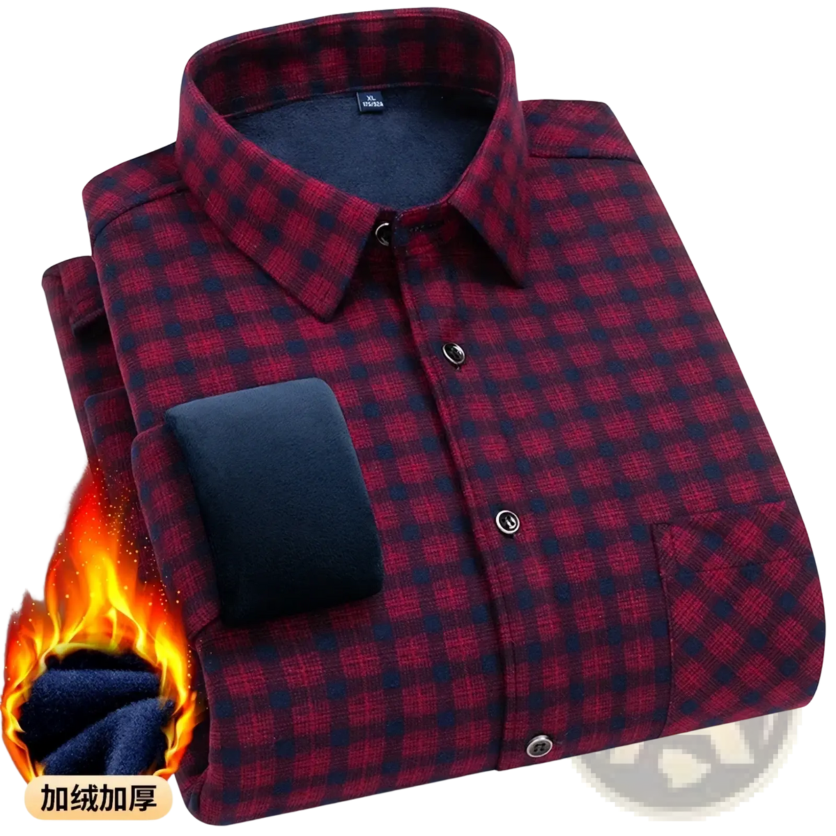 Men fleece lined plaid flannel shirt in red and navy with fleece collar cuffs and inner lining for winter casual wear