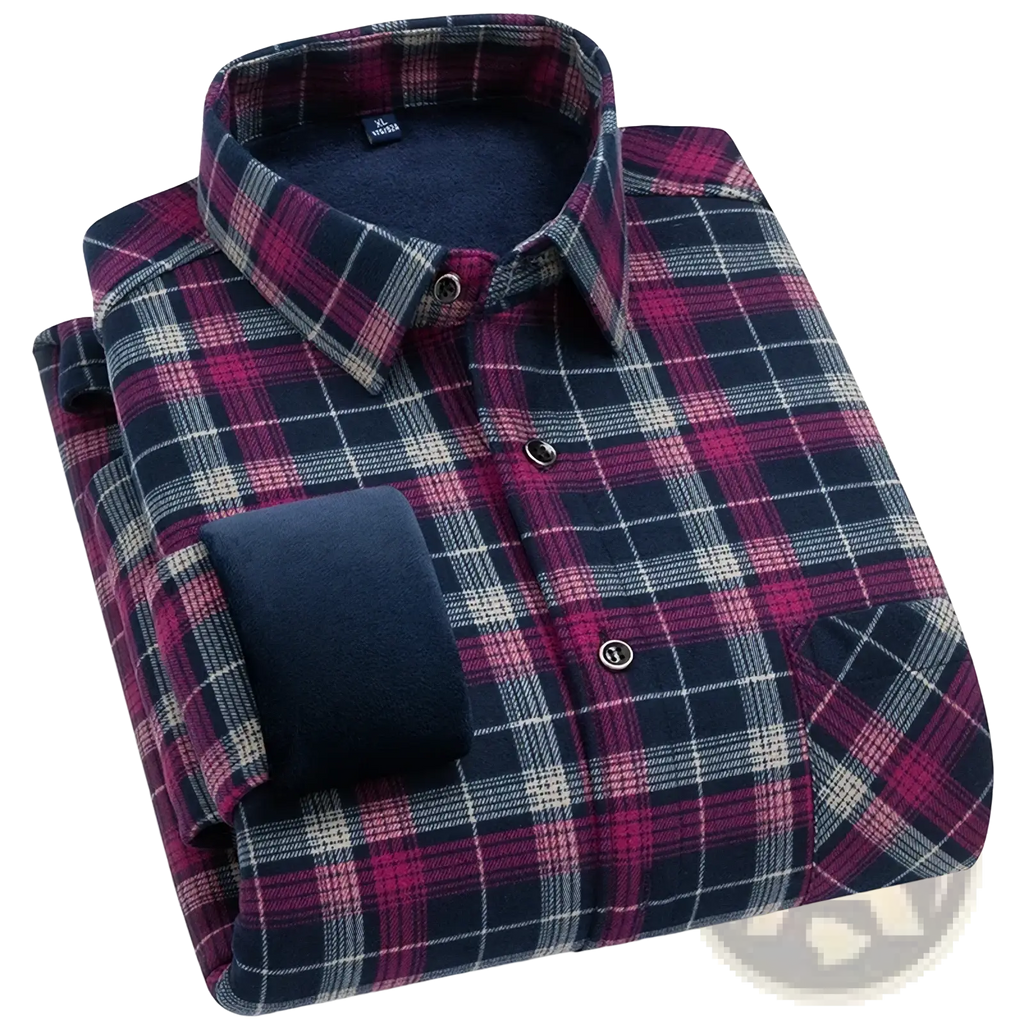 Men fleece lined plaid flannel shirt in burgundy navy and white with soft fleece lined collar and cuffs for winter casual wear