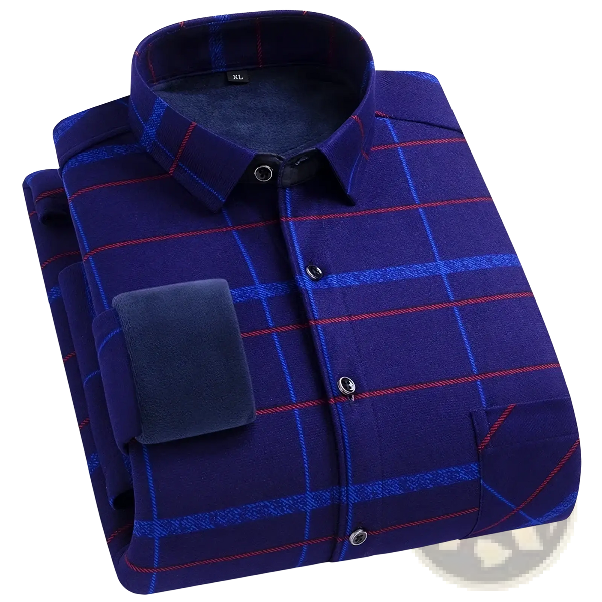 Men fleece lined plaid flannel shirt in deep blue with red and light blue stripes featuring cozy fleece collar and cuffs