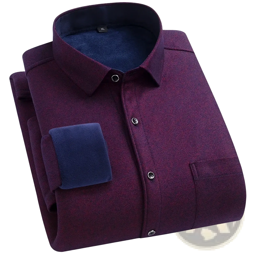 Men fleece lined plaid flannel shirt in maroon textured cotton with navy blue fleece lined collar and cuffs for winter casual use