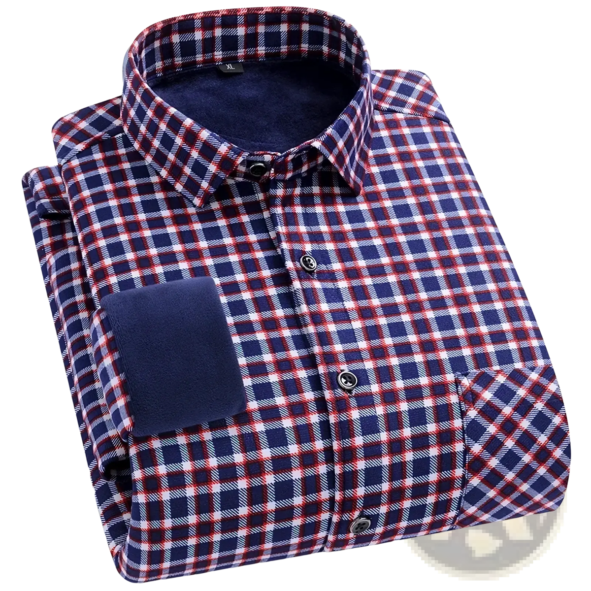 Men fleece lined plaid flannel shirt in navy blue red and white with fleece collar and cuffs for winter casual wear