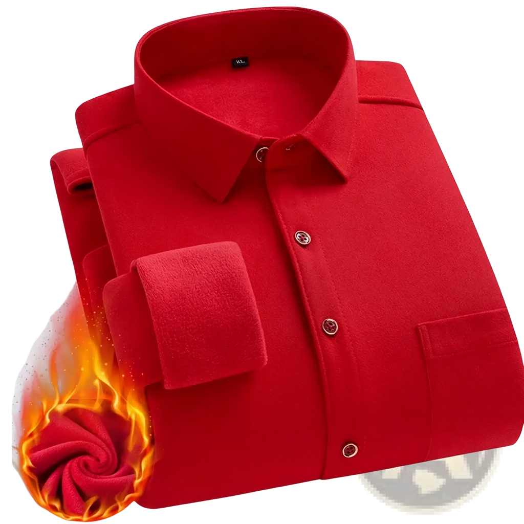 Men fleece lined plaid flannel shirt in red long-sleeved fleece with collar and button-front for winter casual wear