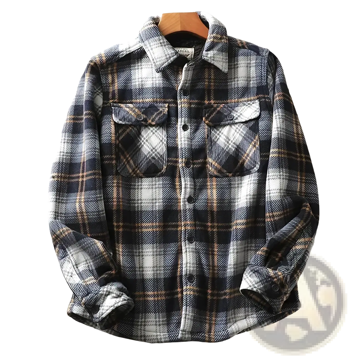 Men fleece lined plaid shirt jacket in navy white and tan with buttoned chest pockets and cozy flannel material