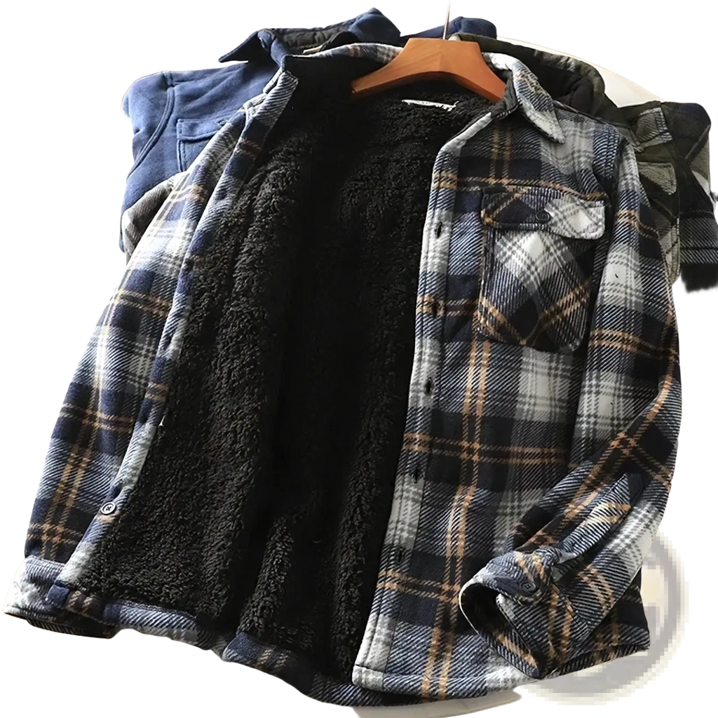 Men fleece lined plaid shirt jacket with black fleece lining button closures and cozy flannel fabric for warmth