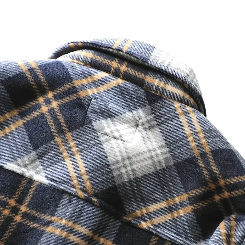 Men fleece lined plaid shirt jacket in navy blue and tan wool with soft textured fabric for warmth and style