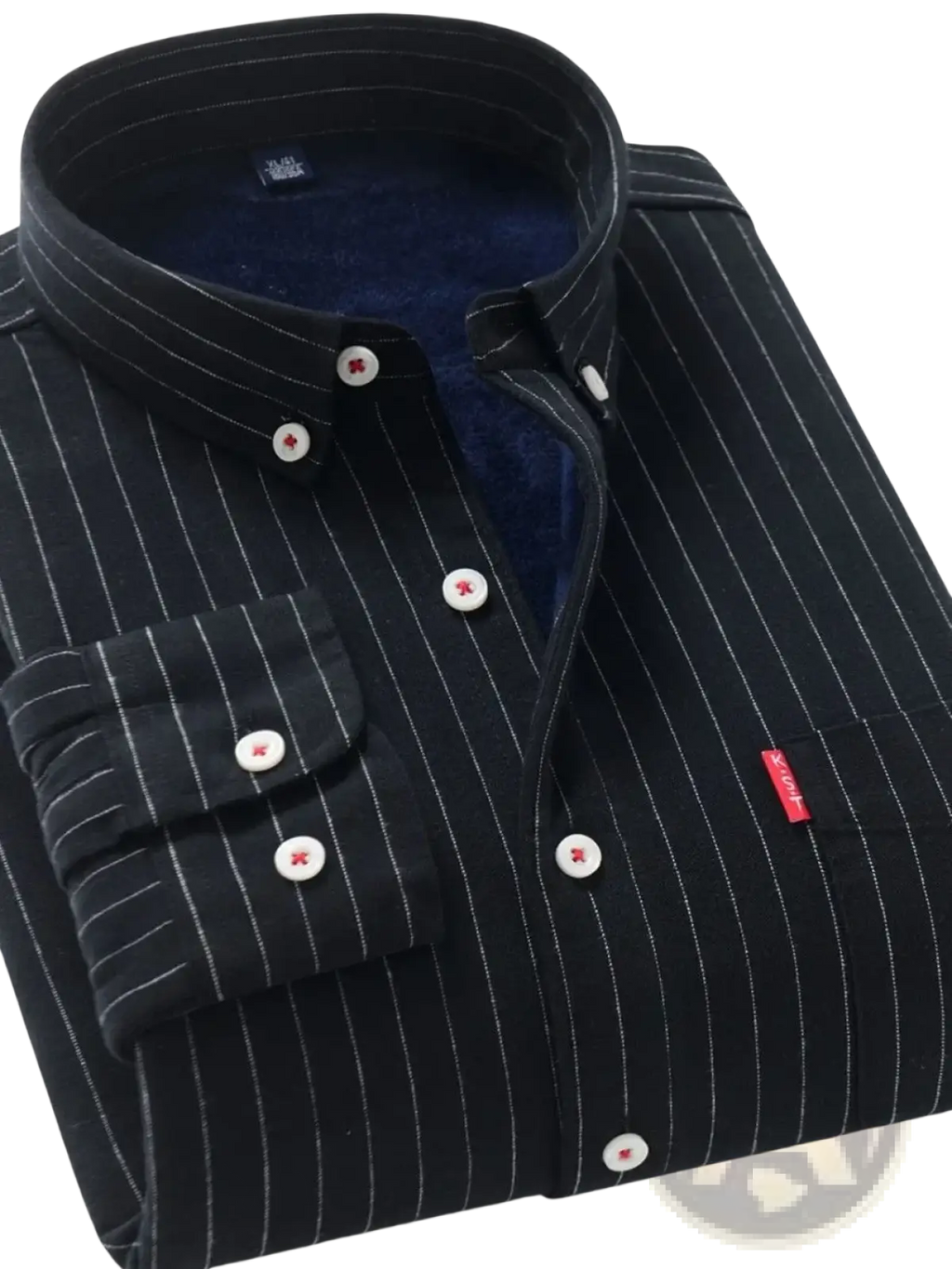Black pinstripe men fleece lined striped shirt with white buttons and navy blue fleece lining for warmth and style