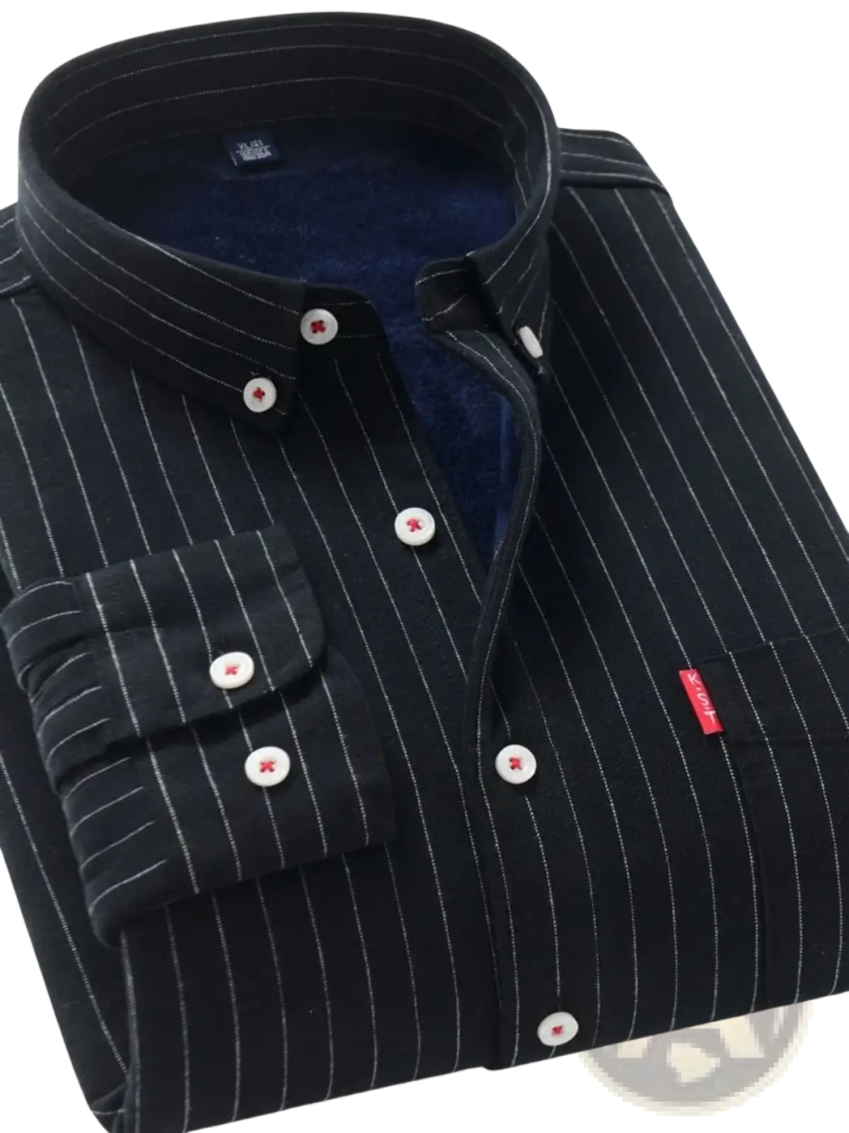 Black pinstripe men fleece lined striped shirt with white buttons and navy blue fleece lining for warmth and style