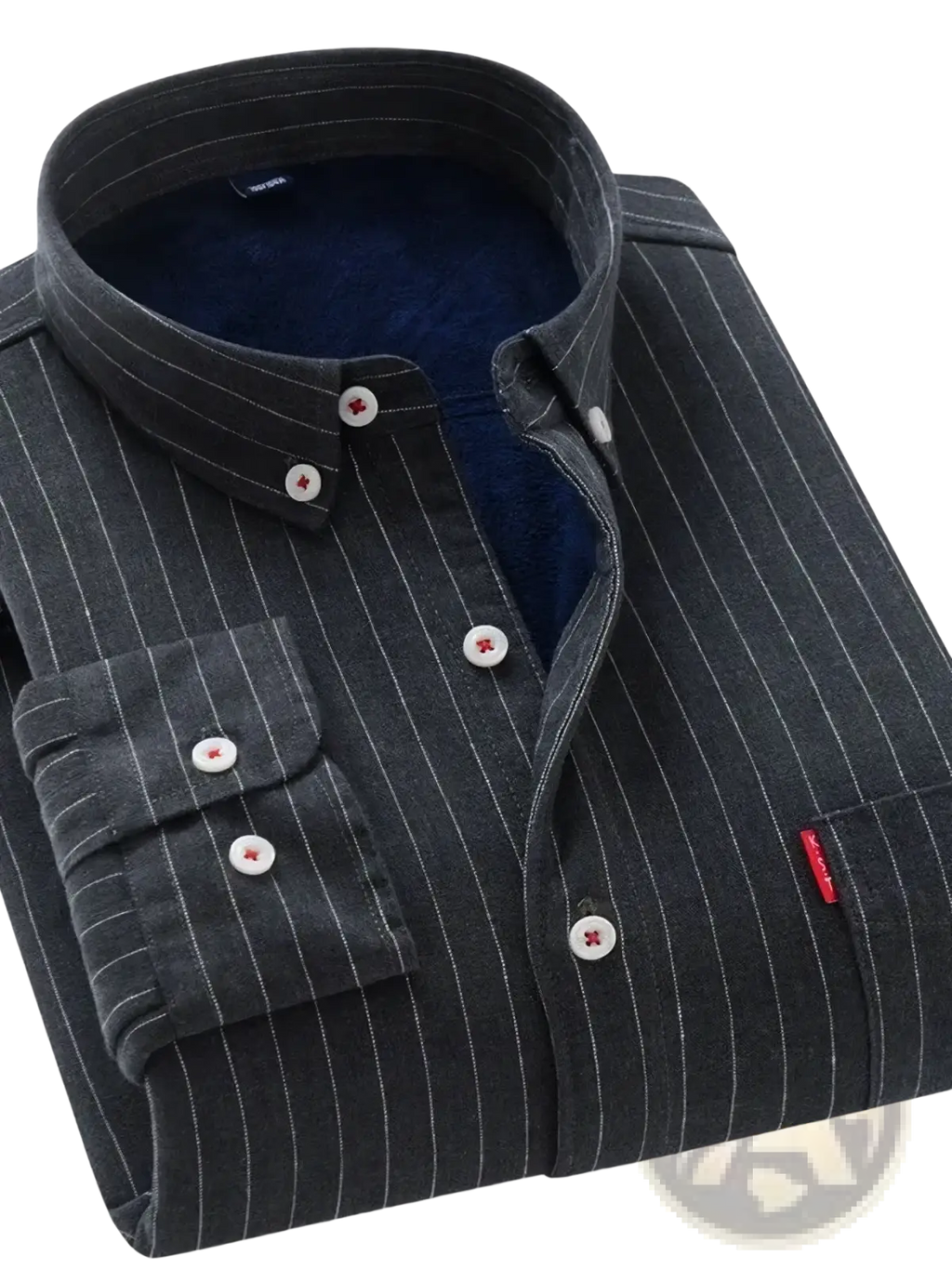 Men fleece lined striped shirt dark gray pinstripe button down with plush navy blue inner lining and red cross detail buttons
