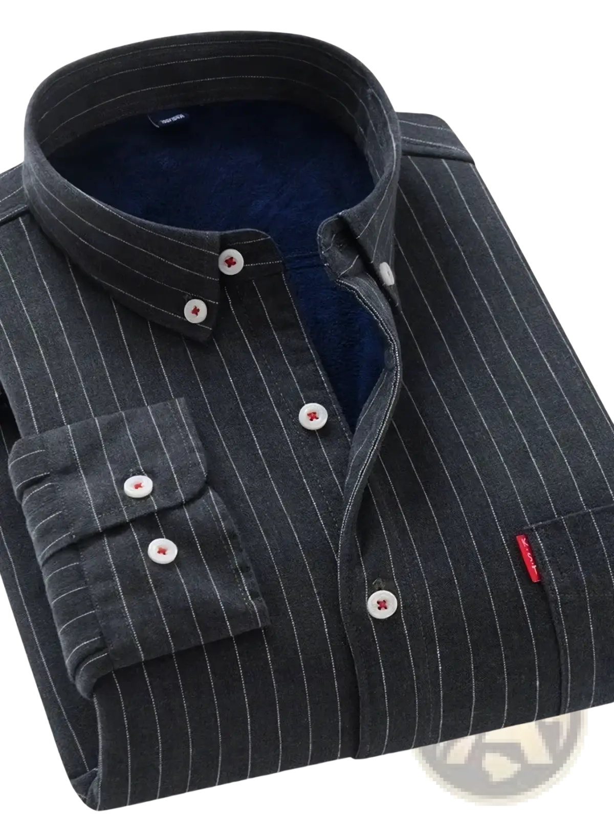 Men fleece lined striped shirt dark gray pinstripe button down with plush navy blue inner lining and red cross detail buttons