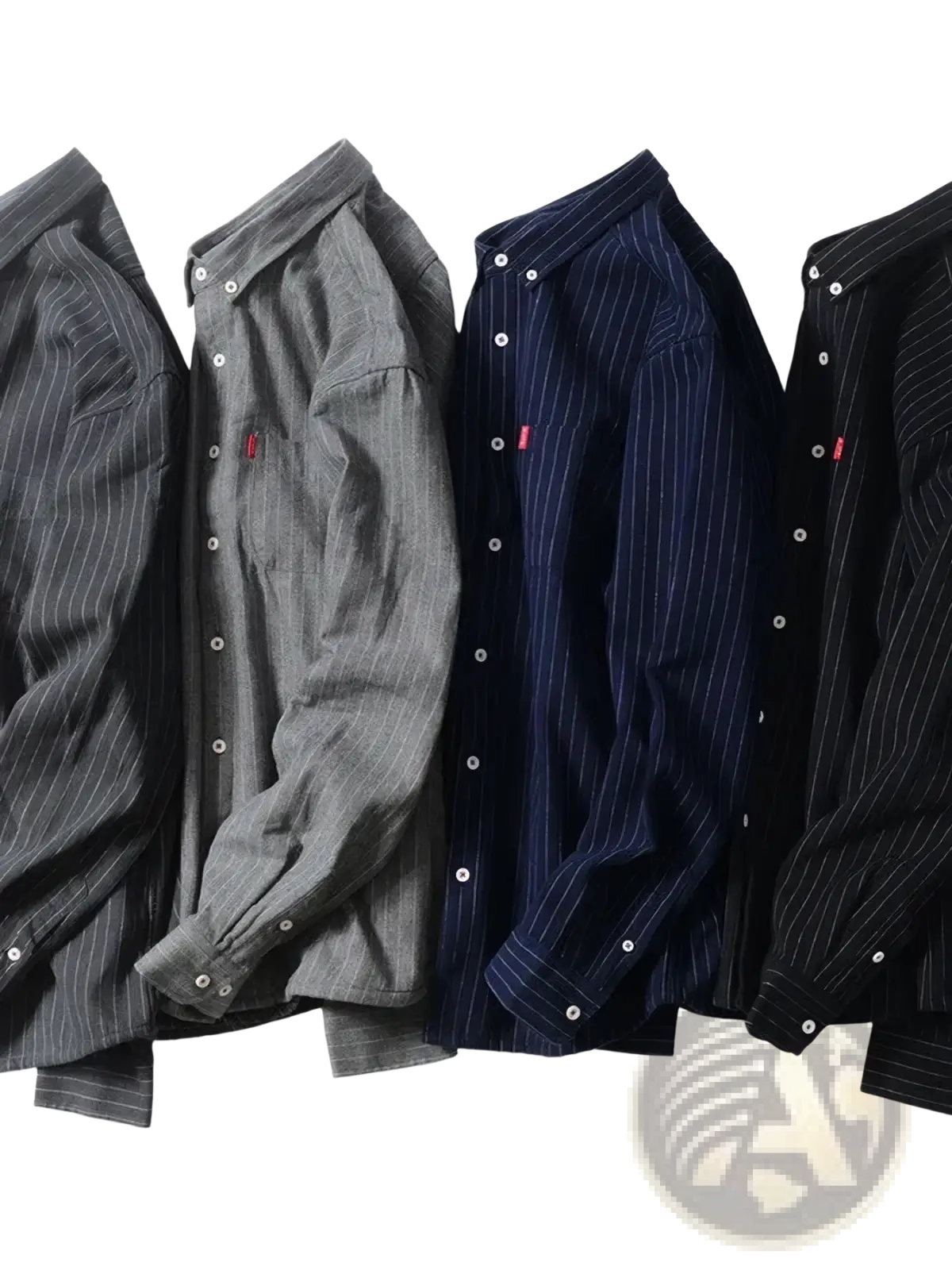 Four men fleece lined button-up shirts in gray navy and black with fine pinstripes and red levi’s logo on chest