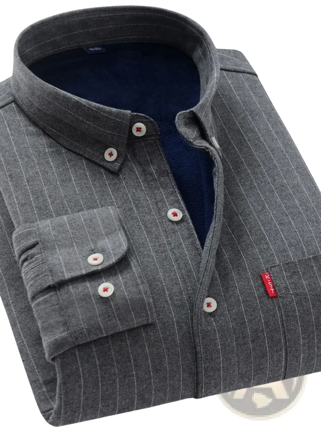 Men fleece lined striped shirt in gray pinstripe with white buttons and navy blue inner lining
