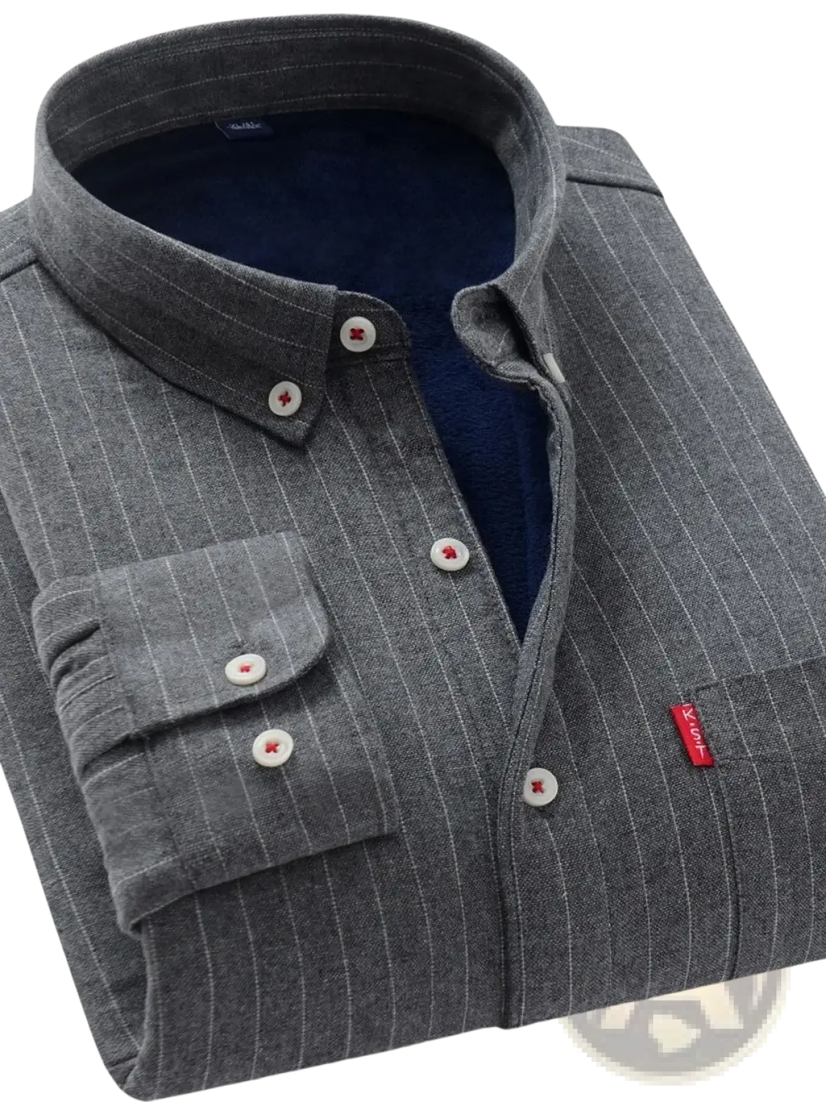 Men fleece lined striped shirt in gray pinstripe with white buttons and navy blue inner lining