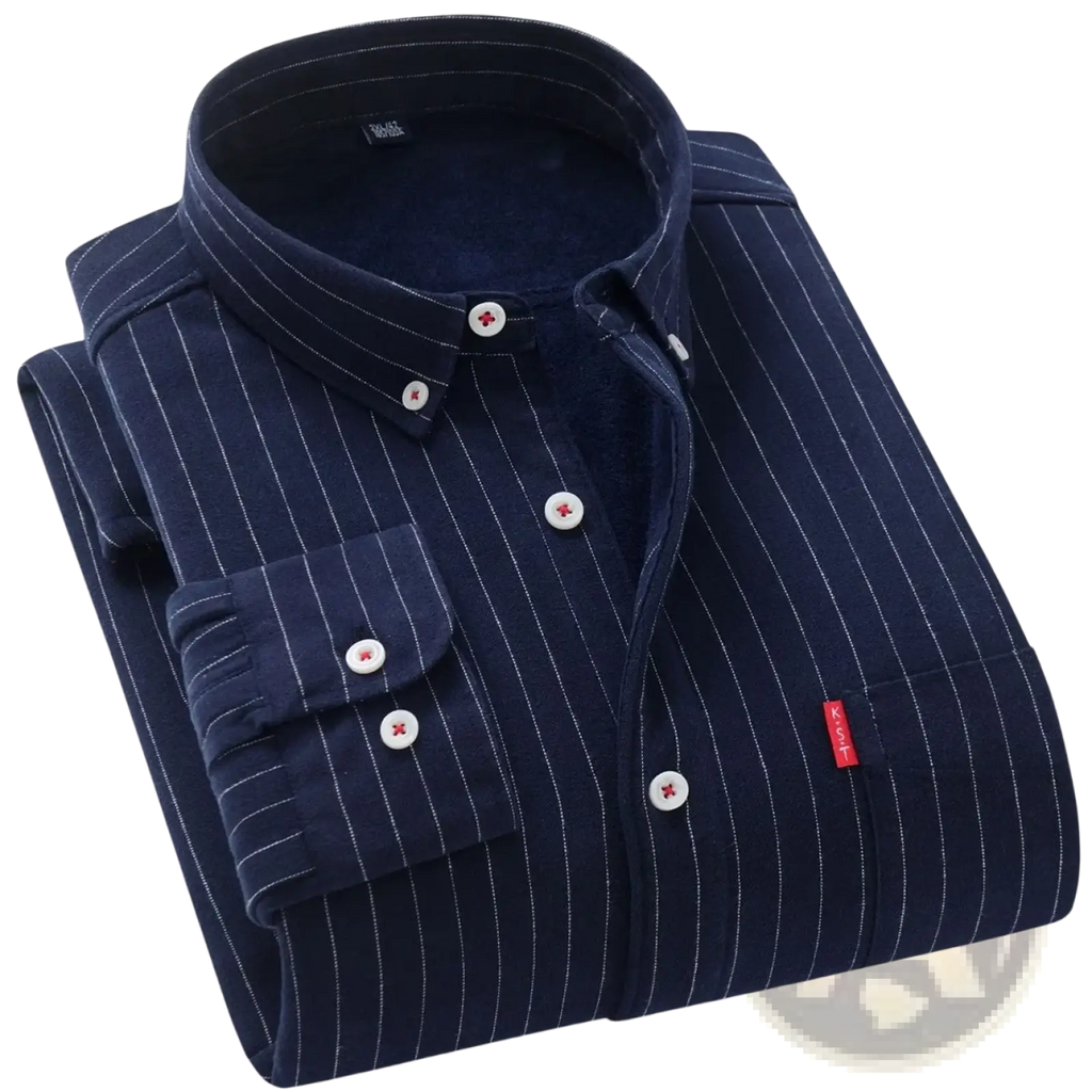 Men fleece lined striped shirt navy blue pinstripe button down with white buttons and soft inner fleece lining