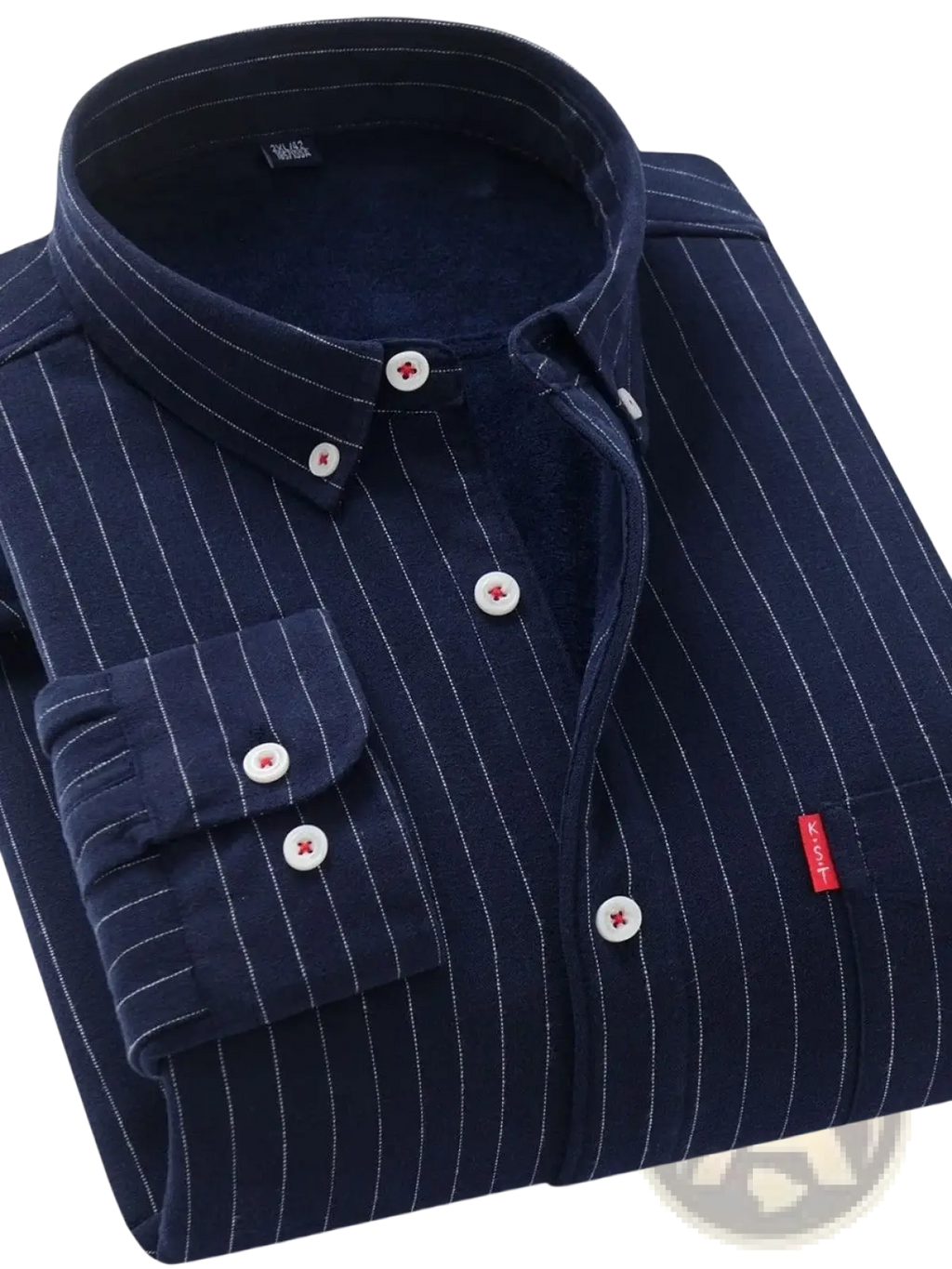 Men fleece lined striped shirt navy blue pinstripe button down with white buttons and red brand tag visible