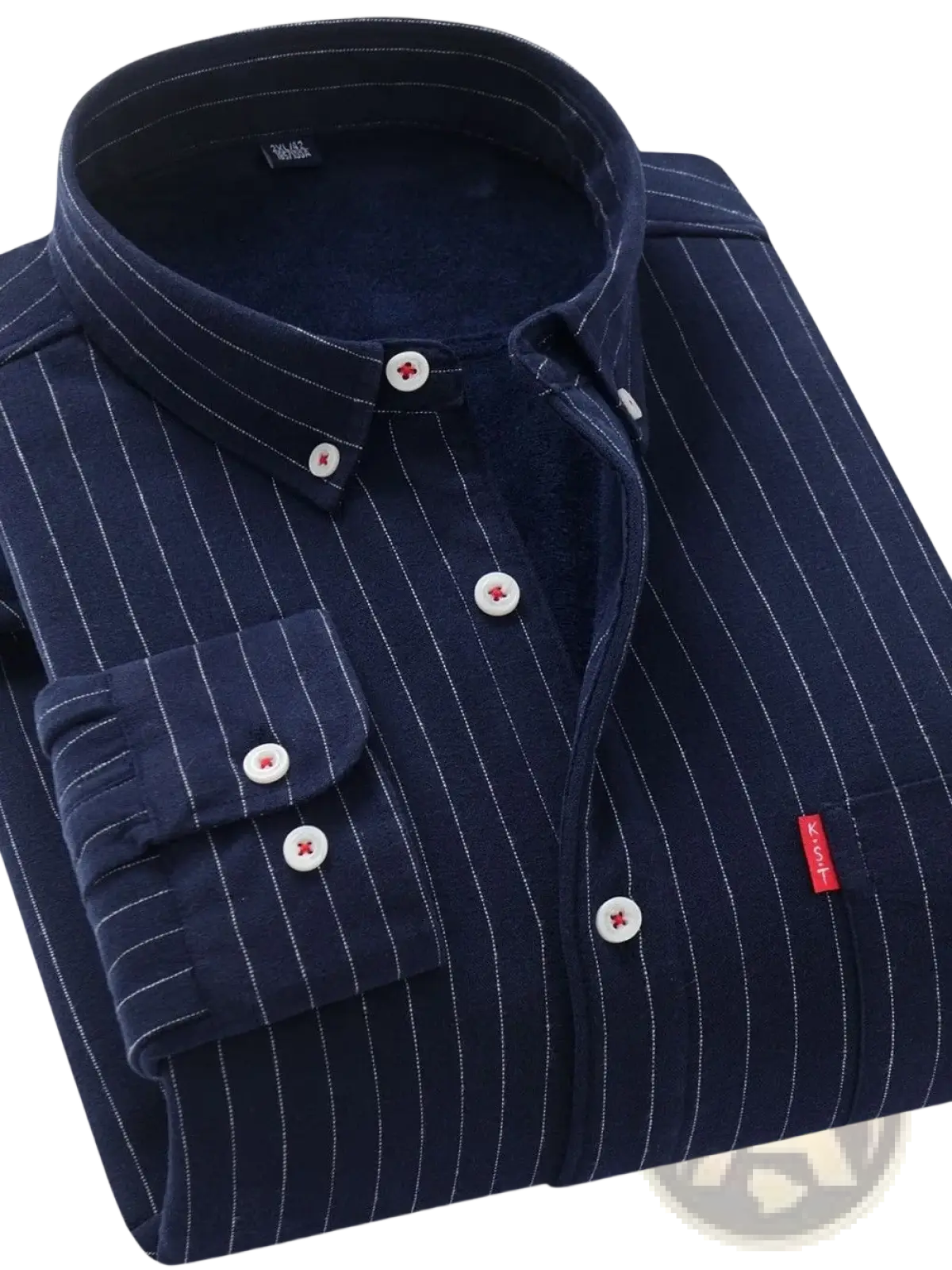 Men fleece lined striped shirt navy blue pinstripe button down with white buttons and red brand tag visible