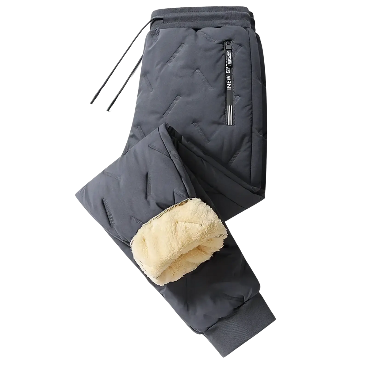 Men fleece lined thermal sweatpants in dark gray with plush beige fleece lining and drawstring waistband for winter use