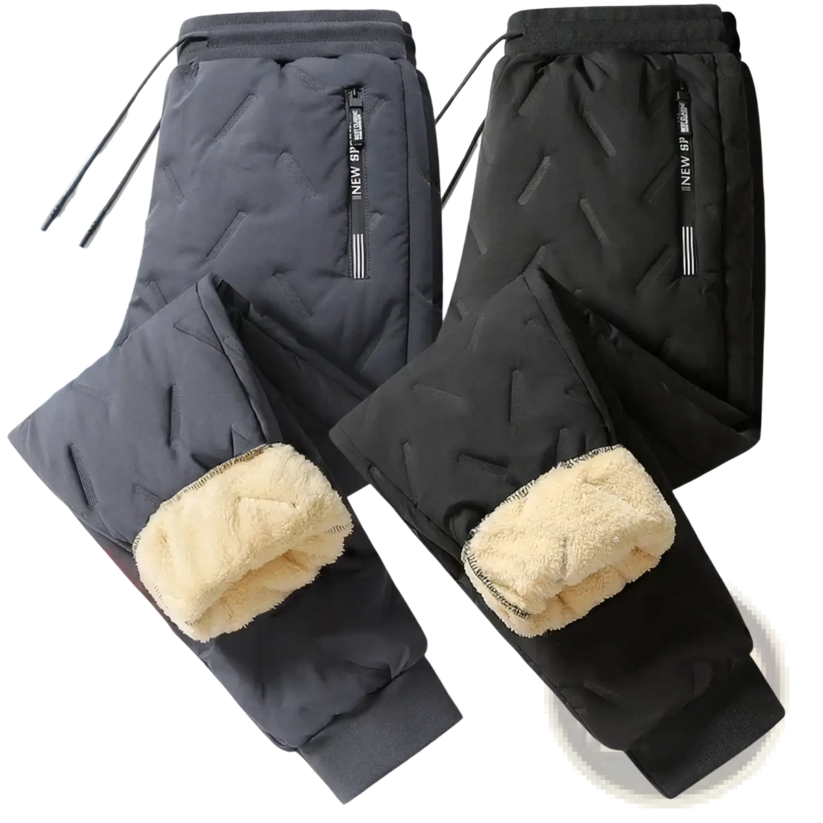 Men fleece lined thermal sweatpants in dark gray and black quilted fabric with plush beige fleece cuffs for winter use