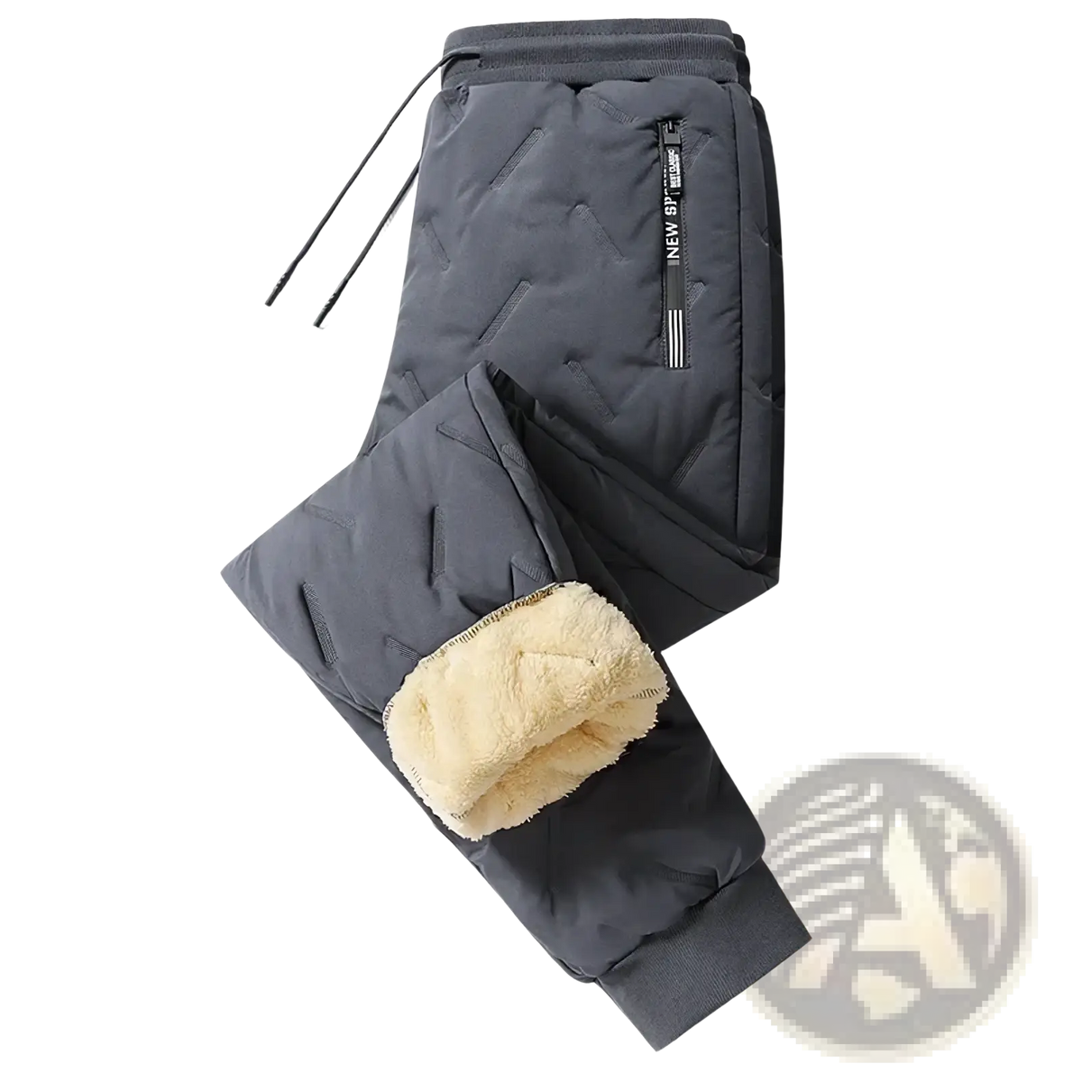 Men fleece lined thermal sweatpants in dark gray with plush beige fleece lining and drawstring waistband for winter use
