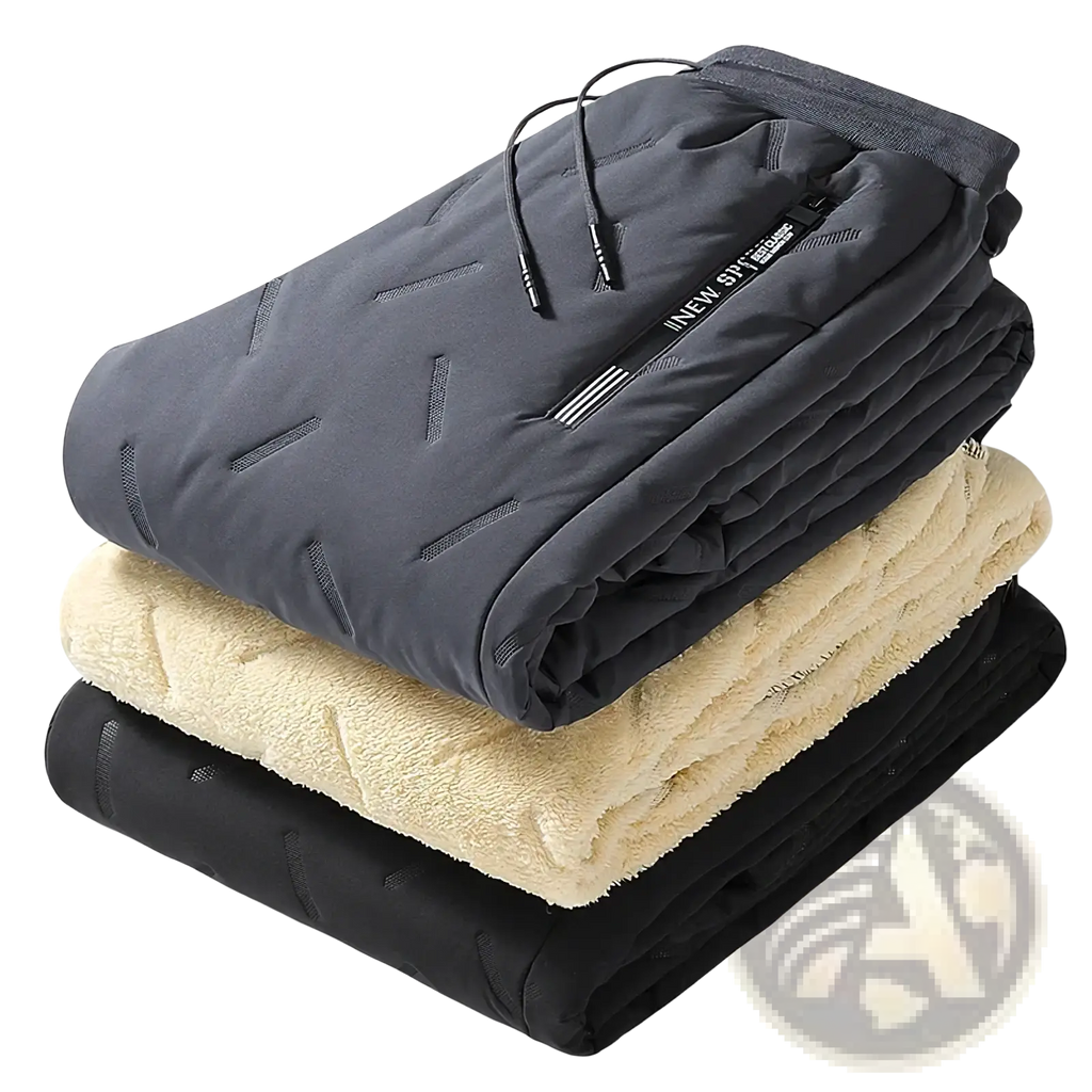 Stacked dark gray black and beige men fleece lined thermal sweatpants with quilted waterproof outer shells and drawstrings