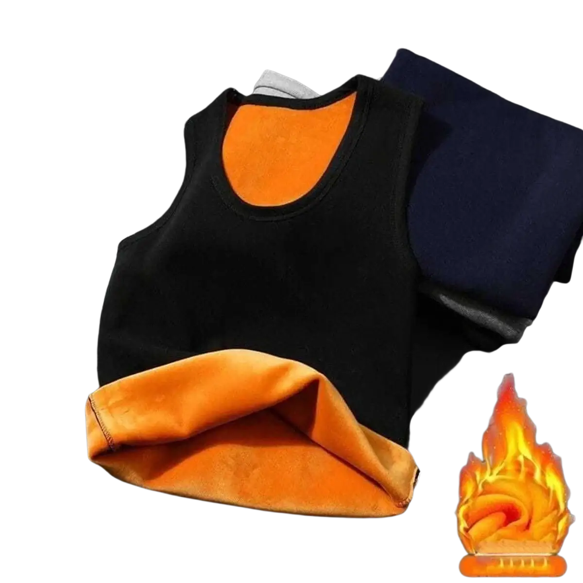 Men fleece lined thermal vest in black sleeveless design with plush orange interior lining for warmth and comfort