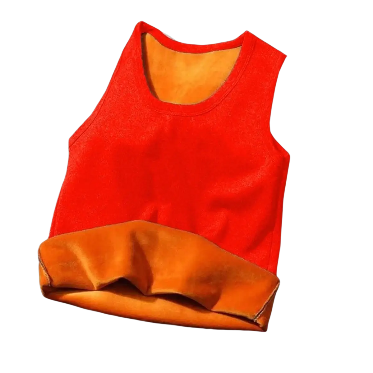 Men fleece lined thermal vest in bright red sleeveless design with plush orange inner fleece lining for warmth