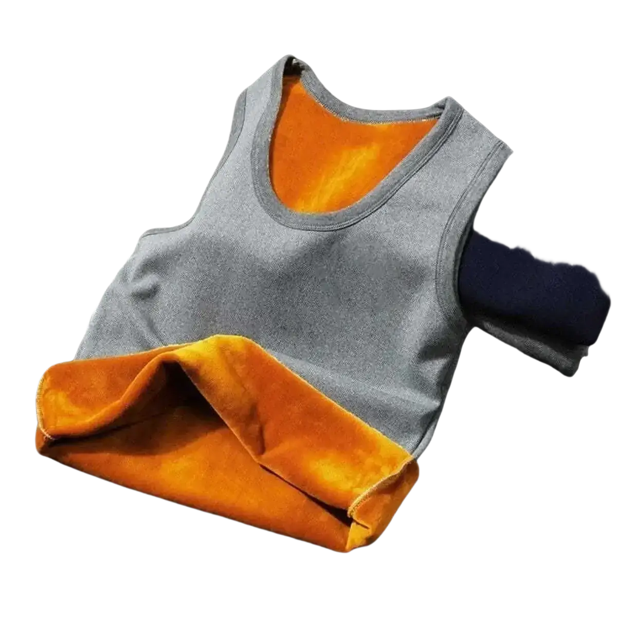 Men fleece lined thermal vest in gray sleeveless design with plush orange interior for warmth and comfort