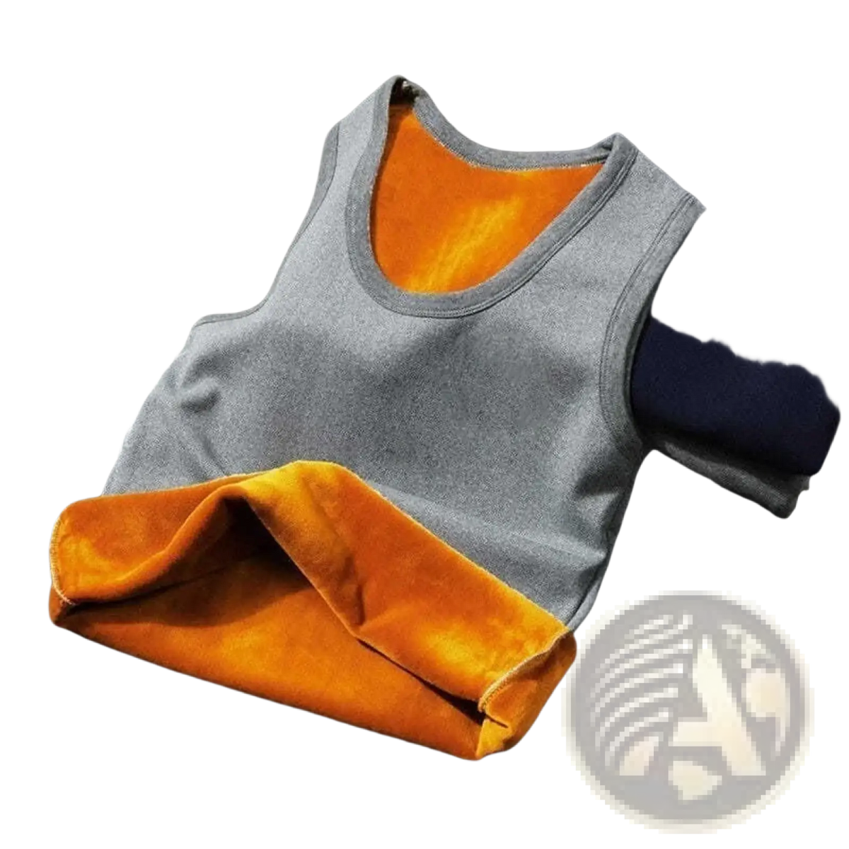 Men fleece lined thermal vest in gray sleeveless design with plush orange fleece lining for added warmth and comfort