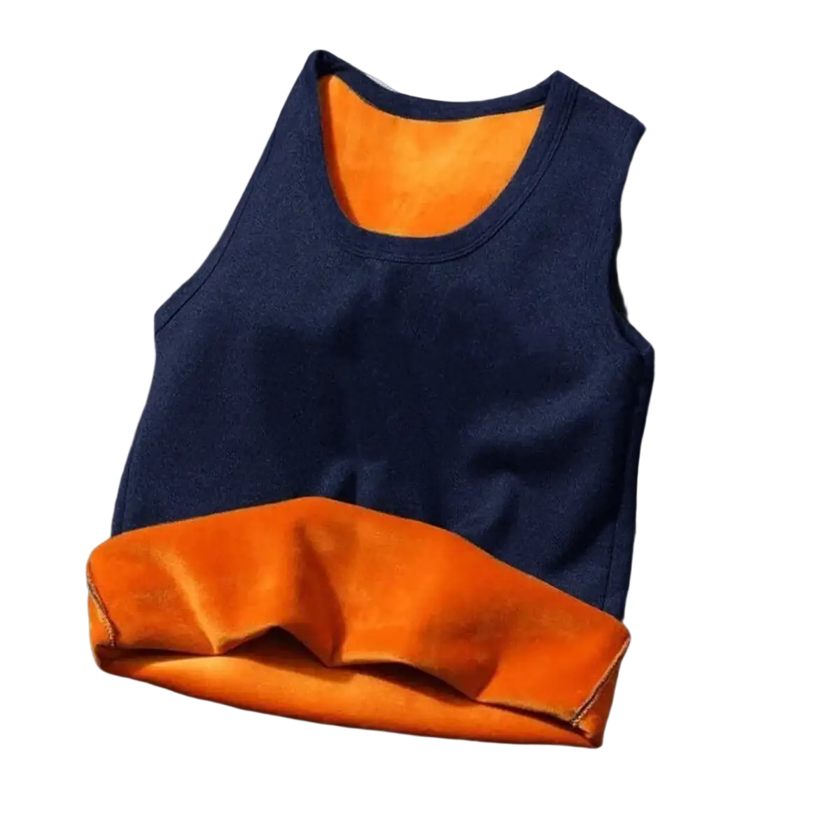 Men fleece lined thermal vest in navy blue sleeveless design with plush orange fleece inner lining for warmth and comfort