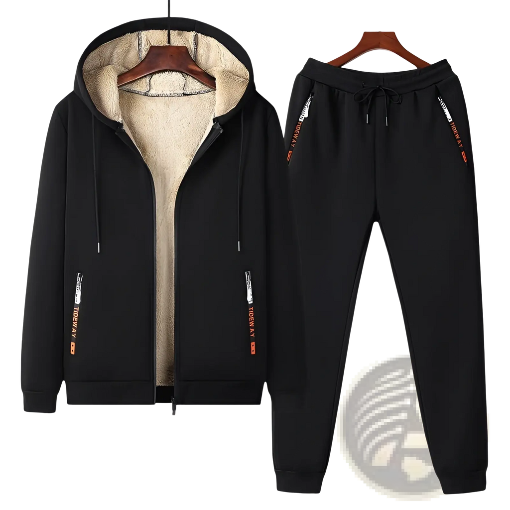 Men fleece lined tracksuit set with black fleece lined hooded sweatshirt and matching joggers featuring orange branding