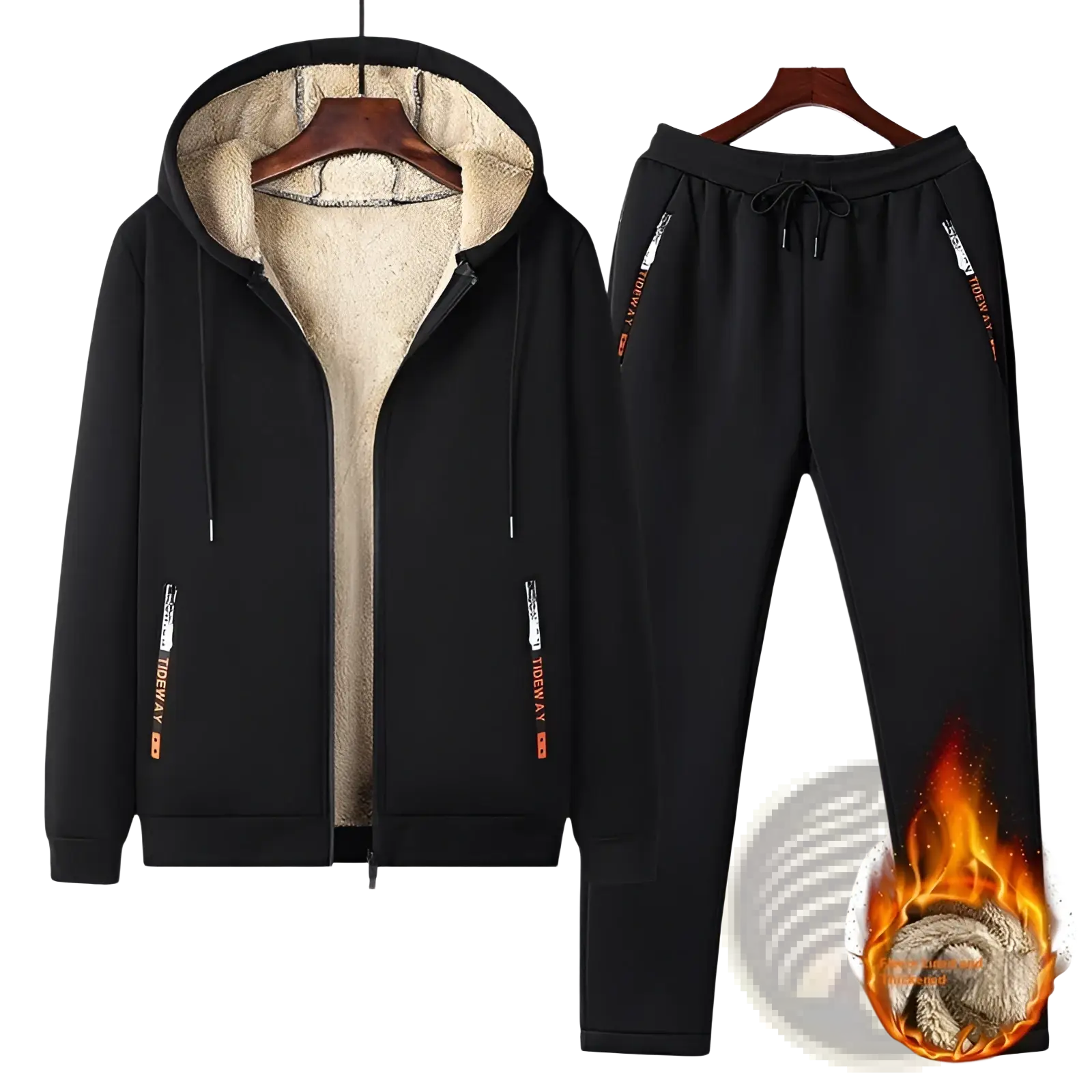Men fleece lined tracksuit set featuring a black zip-up hoodie with beige fleece lining and black sweatpants with orange text