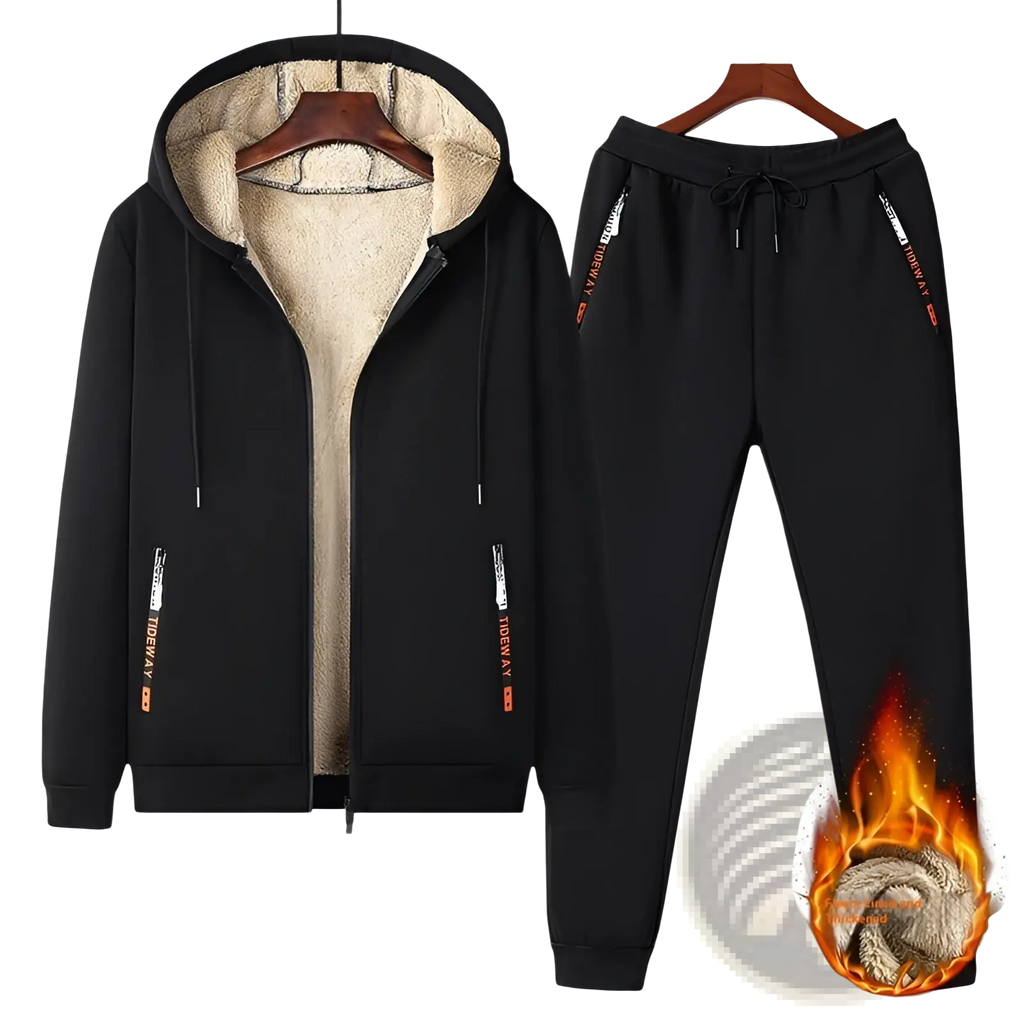 Men fleece lined tracksuit set featuring black zip-up hoodie and sweatpants with plush beige interior lining