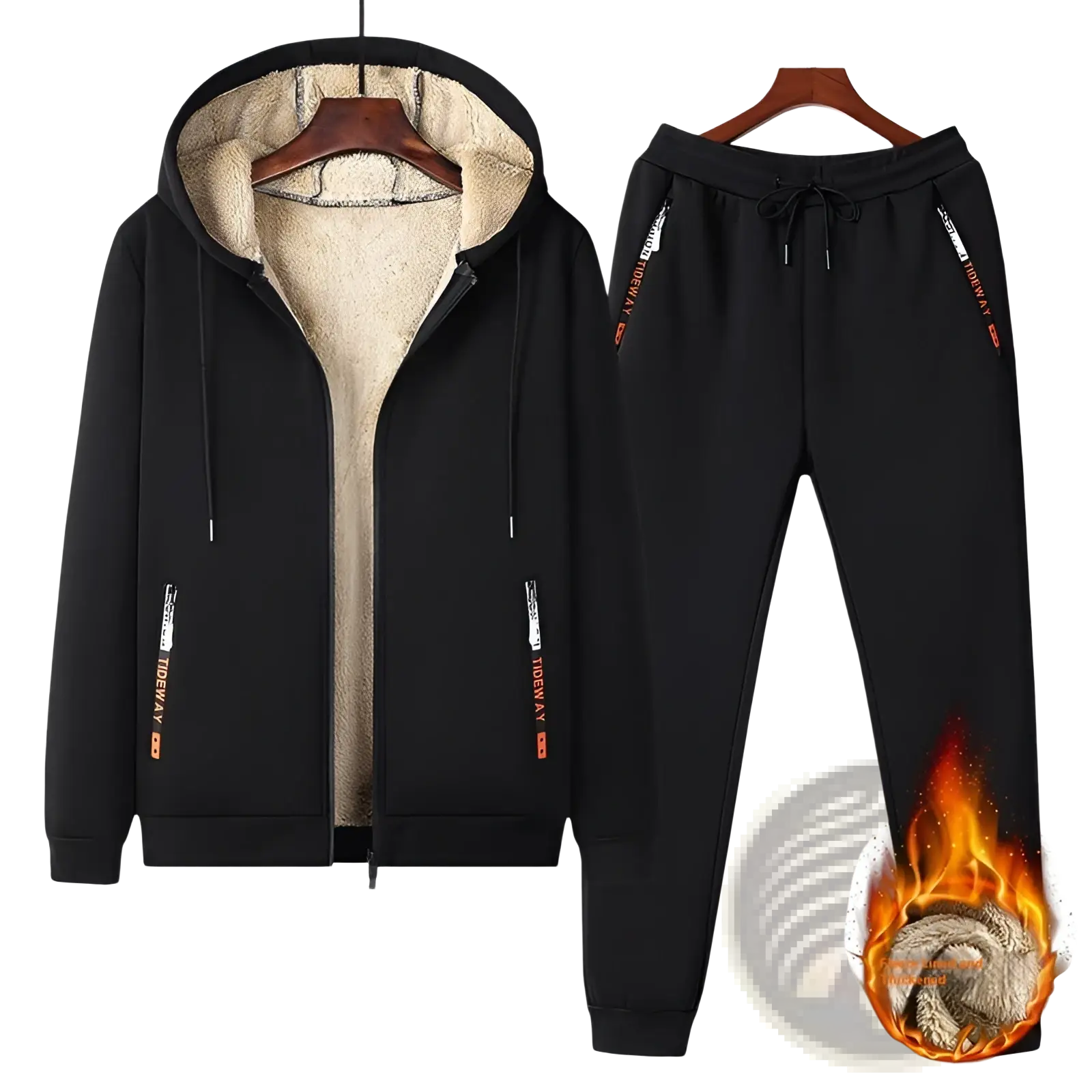 Men fleece lined tracksuit set featuring black zip-up hoodie and sweatpants with plush beige interior lining