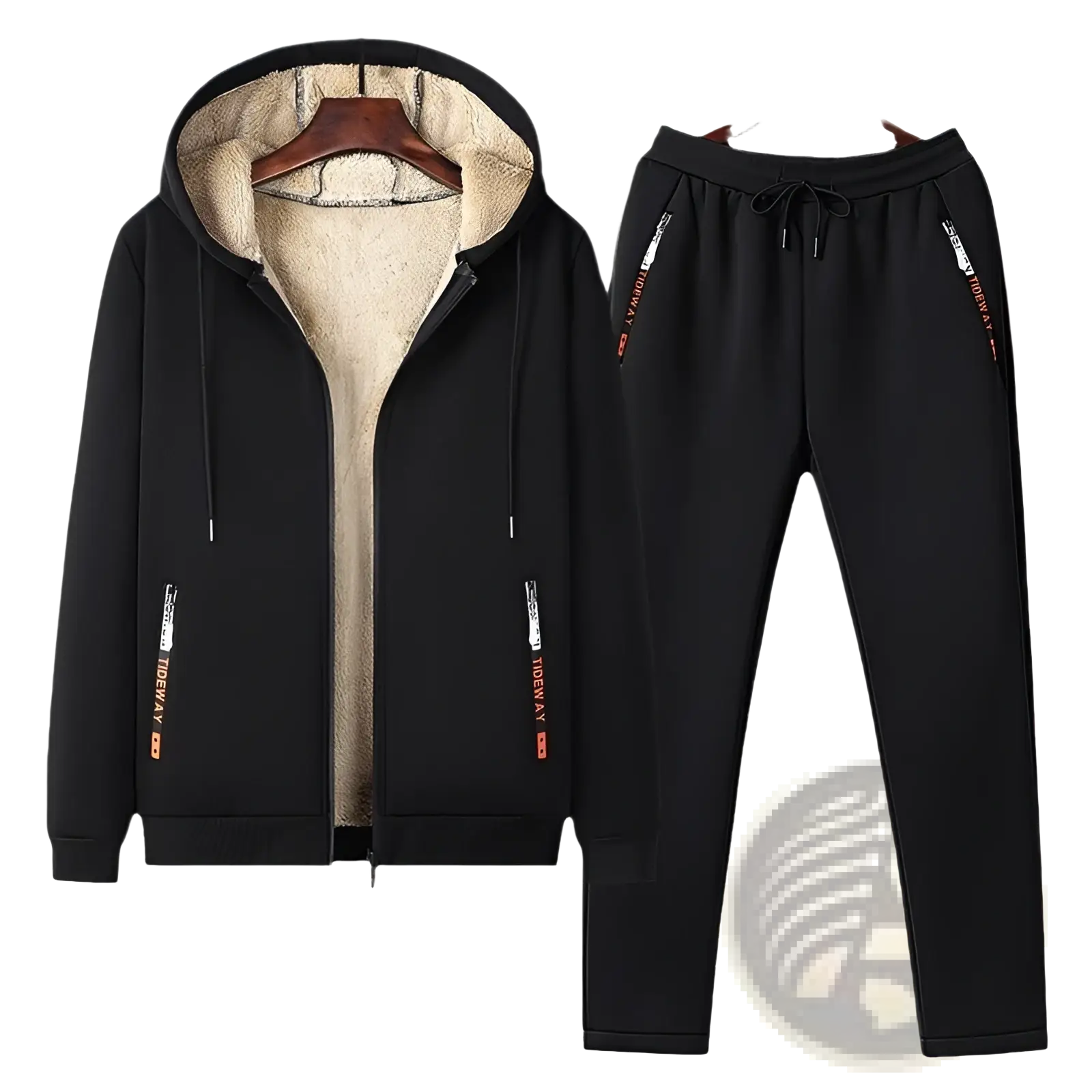 Men fleece lined tracksuit set featuring black zip-up hoodie with beige fleece lining and black sweatpants with side stripes