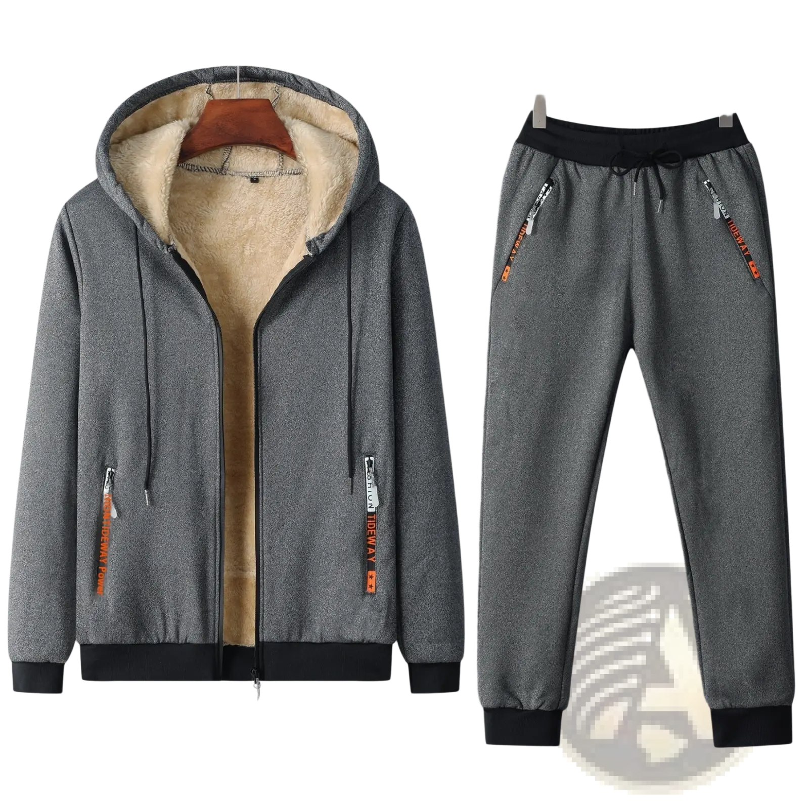 Men fleece lined tracksuit set featuring gray fleece lined hooded sweatshirt with black trim and orange zipper pulls paired with matching gray joggers
