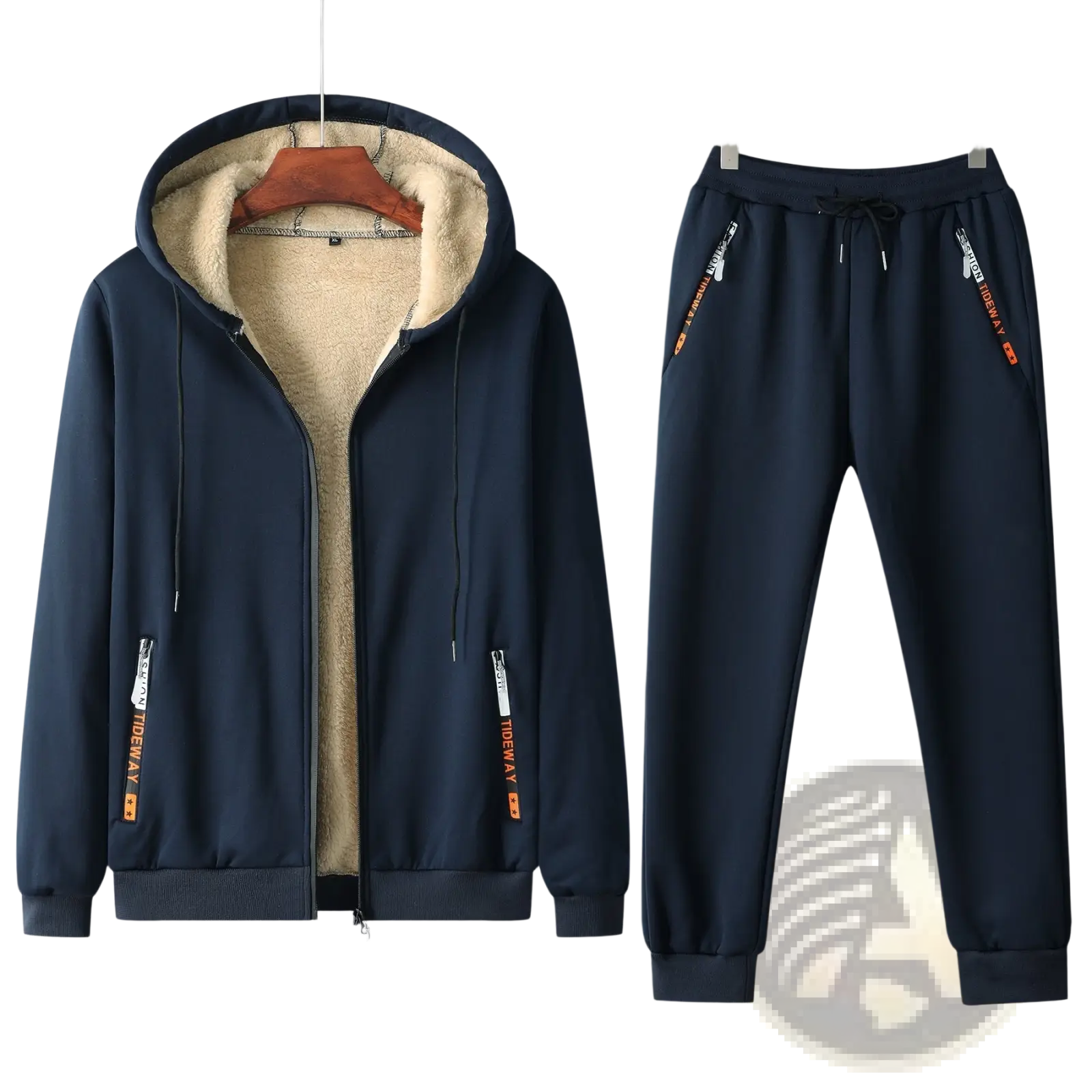 Men fleece lined tracksuit set featuring navy blue fleece lined hooded sweatshirt and joggers with orange side branding
