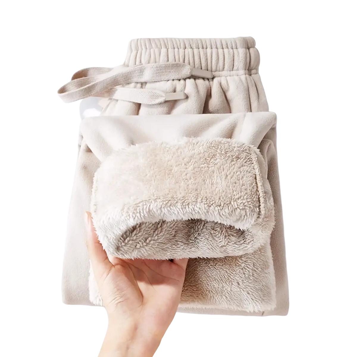 Beige men fleece lined winter casual sweatpants with soft plush interior and elastic waistband for warmth and comfort