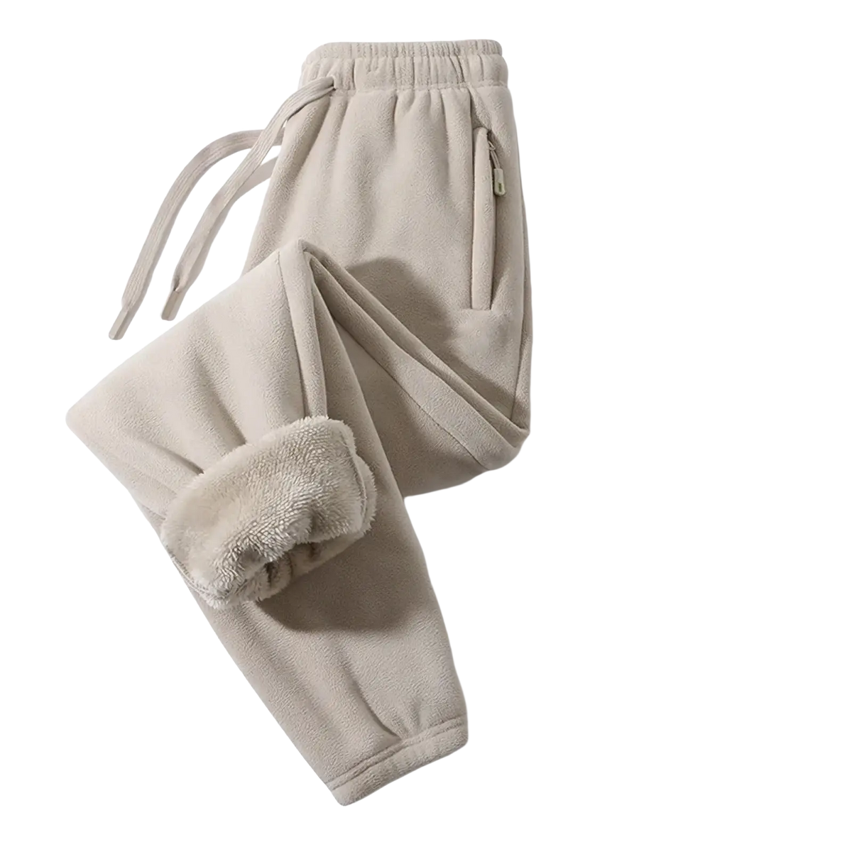 Beige men fleece lined winter casual sweatpants with cozy thick interior lining and elastic waistband for comfort