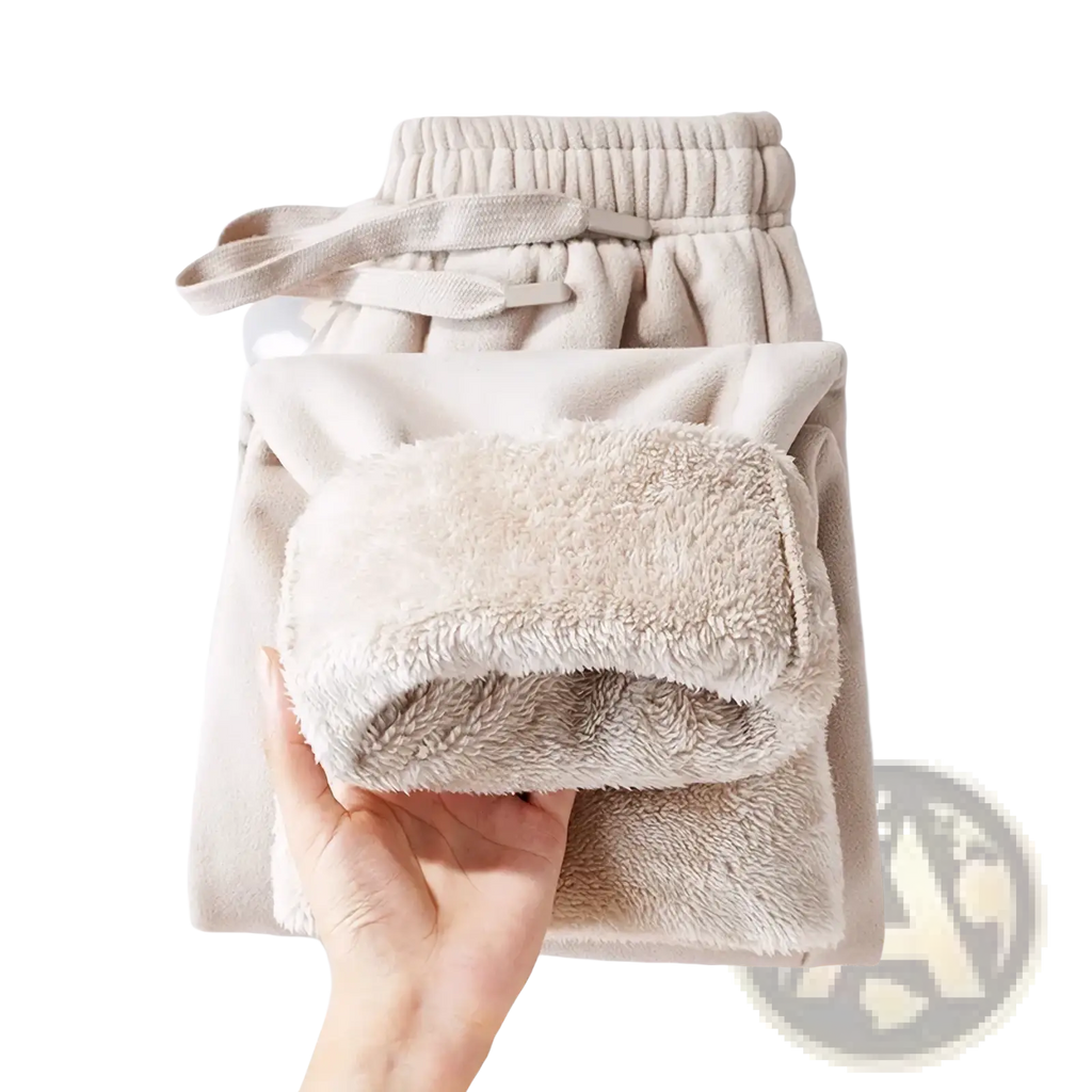 Beige men fleece lined winter casual sweatpants with soft plush interior and elastic waistband for warmth and comfort