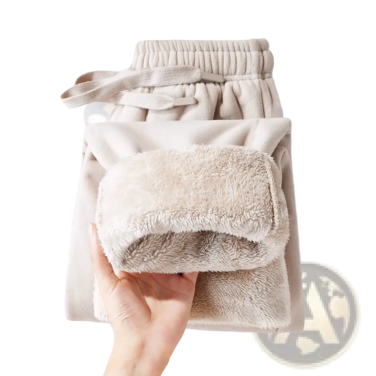 Beige men fleece lined winter casual sweatpants with soft plush interior and elastic waistband for warmth and comfort