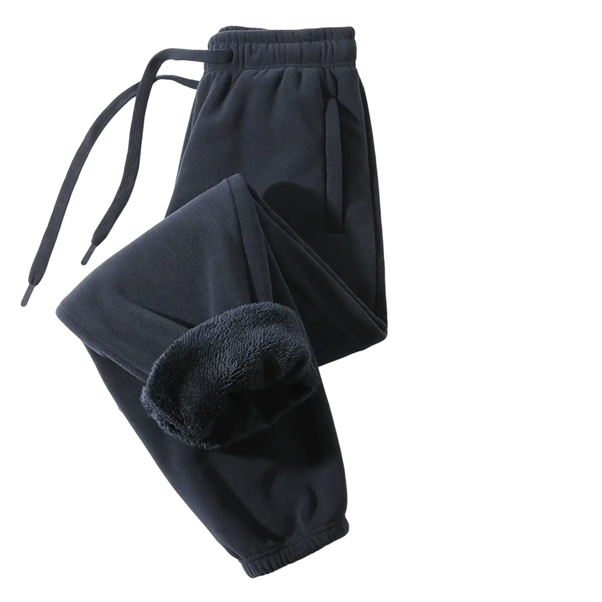 Men fleece lined winter casual sweatpants in black with a drawstring waistband and ribbed cuffs made of fleece material