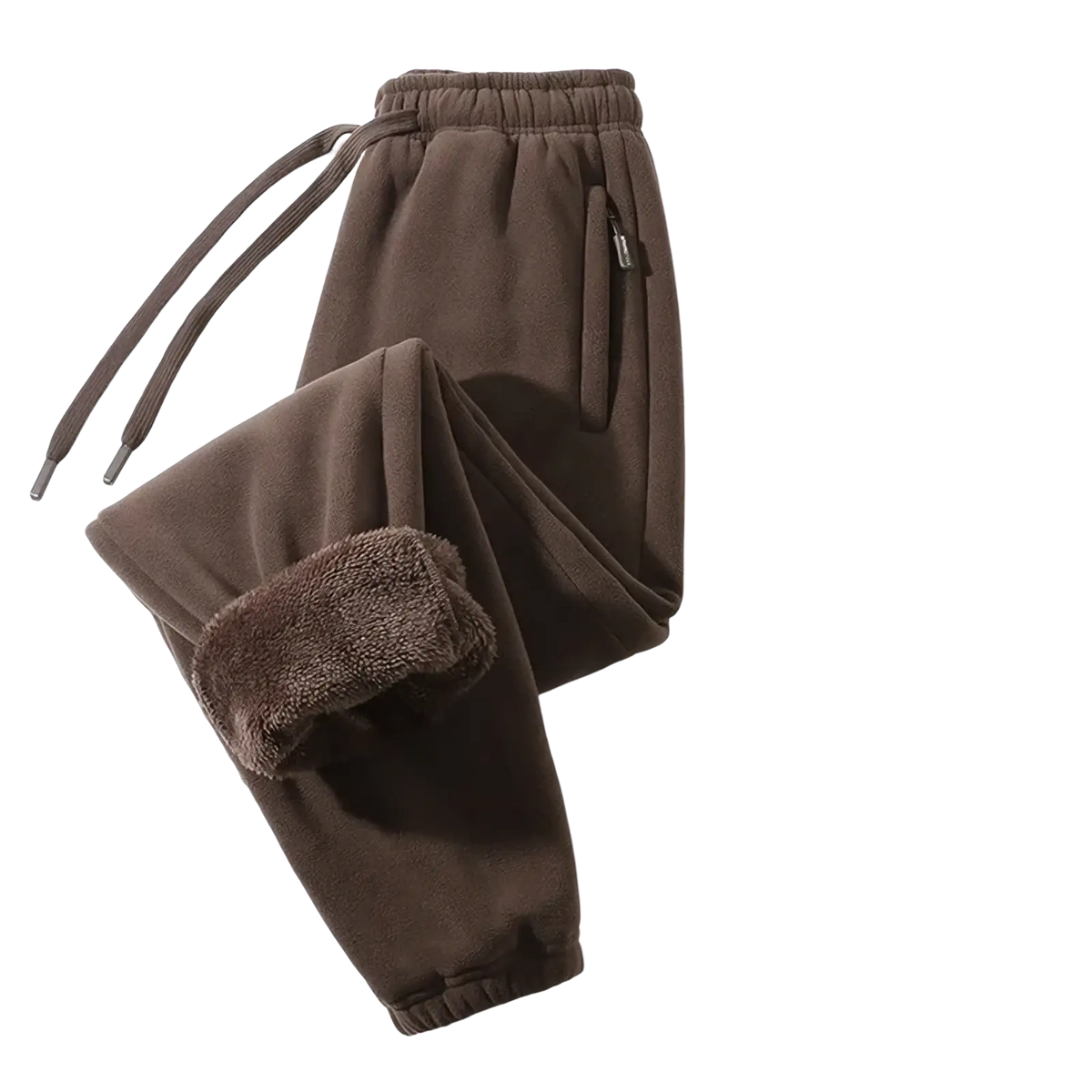 Men fleece lined winter casual sweatpants in brown with plush insulated lining and drawstring waistband