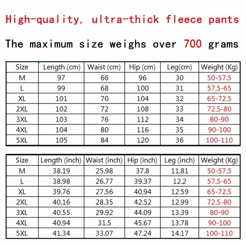 Men fleece lined winter casual sweatpants in ultra-thick fleece with size and measurement charts for various fits